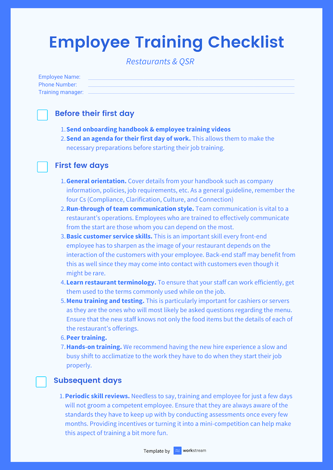 employee training checklist for restaurants and qsr