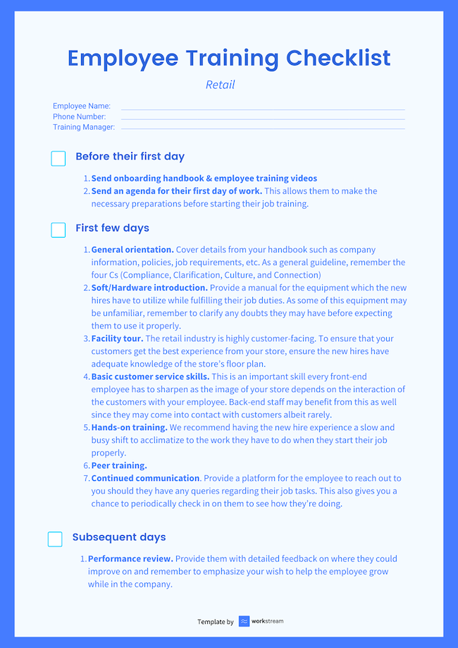 employee training checklist for retail