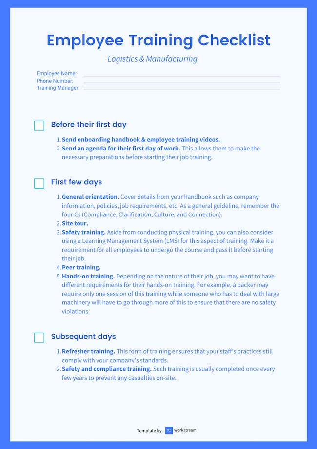 employee training checklist logistics and manufacturing