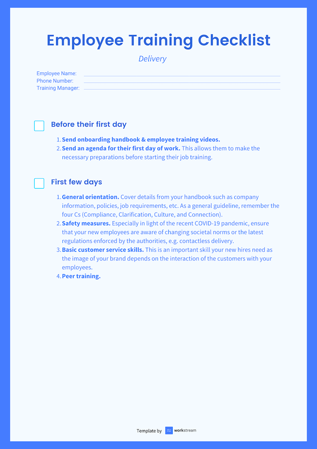 employee training checklist delivery